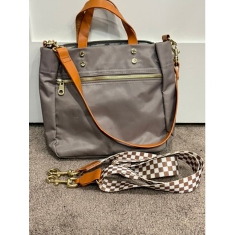 Boulevard Joey Tote Taupe Polyester Full Grain Leather Crossbody Checkered Strap